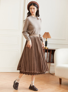 Famecoco范可儿优雅丝绒垂感百褶裙宽松显瘦A字半身裙F228HA025