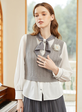 Famecoco折扣店学院风简约v领提花针织马甲叠穿超短款FAB1CA012