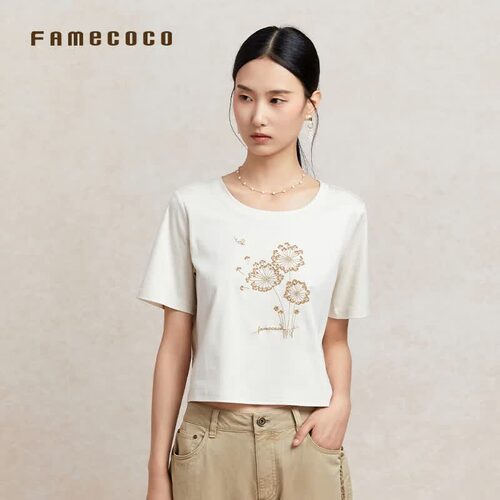 Famecoco文艺花朵刺绣T恤短款百搭显瘦正肩上衣短袖FAC3BB003