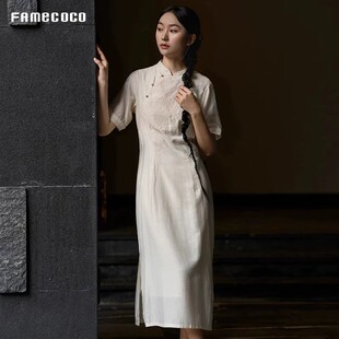 Famecoco折扣店新中式改良旗袍刺绣开叉显瘦立领连衣裙FAC3FA017