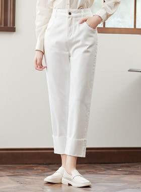 Famecoco折扣店纯色高腰窄版直筒裤显瘦翻边高腰休闲裤F225GA016