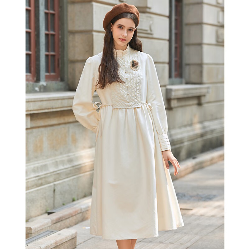 千金风立领收腰连衣裙极简风长裙