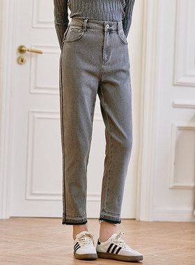 Famecoco折扣店水洗做旧浅色牛仔裤高腰显瘦修身直筒裤F225GA017