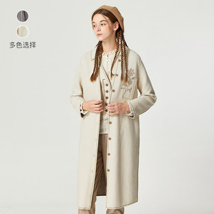 F225AT005 Famecoco折扣店宽松微弹刺绣提花翻领风衣外套中长款