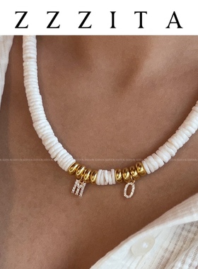 原创闪钻英文字母白色贝壳项链