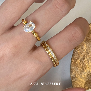 ZZZITA 节节高升~金色闪钻竹节戒指套装两件套设计叠戴百搭指环