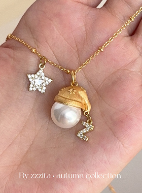 ZZZITA 定制字母～原创金色拉丝磨砂圣诞帽项链小众设计感锁骨链