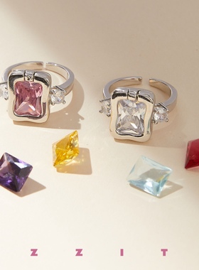 复古长方形闪钻可换钻开口戒指