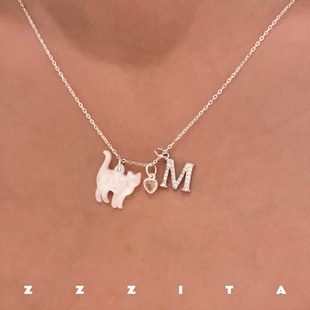 ZZZITA 没猫不行～925纯银猫咪定制字母项链闪钻气质锁骨链送礼物
