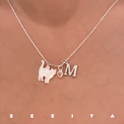 ZZZITA 没猫不行～925纯银猫咪定制字母项链闪钻气质锁骨链送礼物