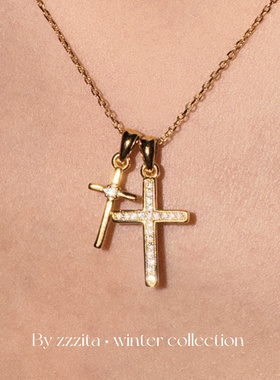 ZZZITA 925银～美式辣妹闪钻双十字架项链简约百搭设计感锁骨链