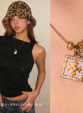 ZZZITA 粉色契约～美式闪钻十字架灰粉色四叶草项链设计感锁骨链