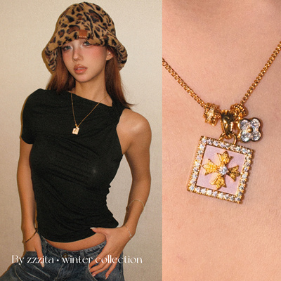 ZZZITA 粉色契约～美式闪钻十字架灰粉色四叶草项链设计感锁骨链