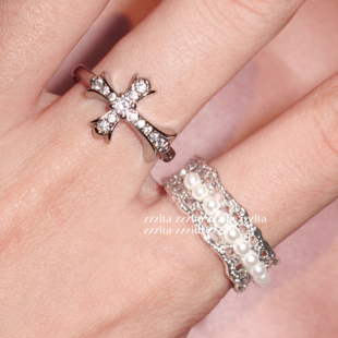 ZZZITA cross～小众设计感贝珠闪钻十字架戒指 野蛮生长·wild