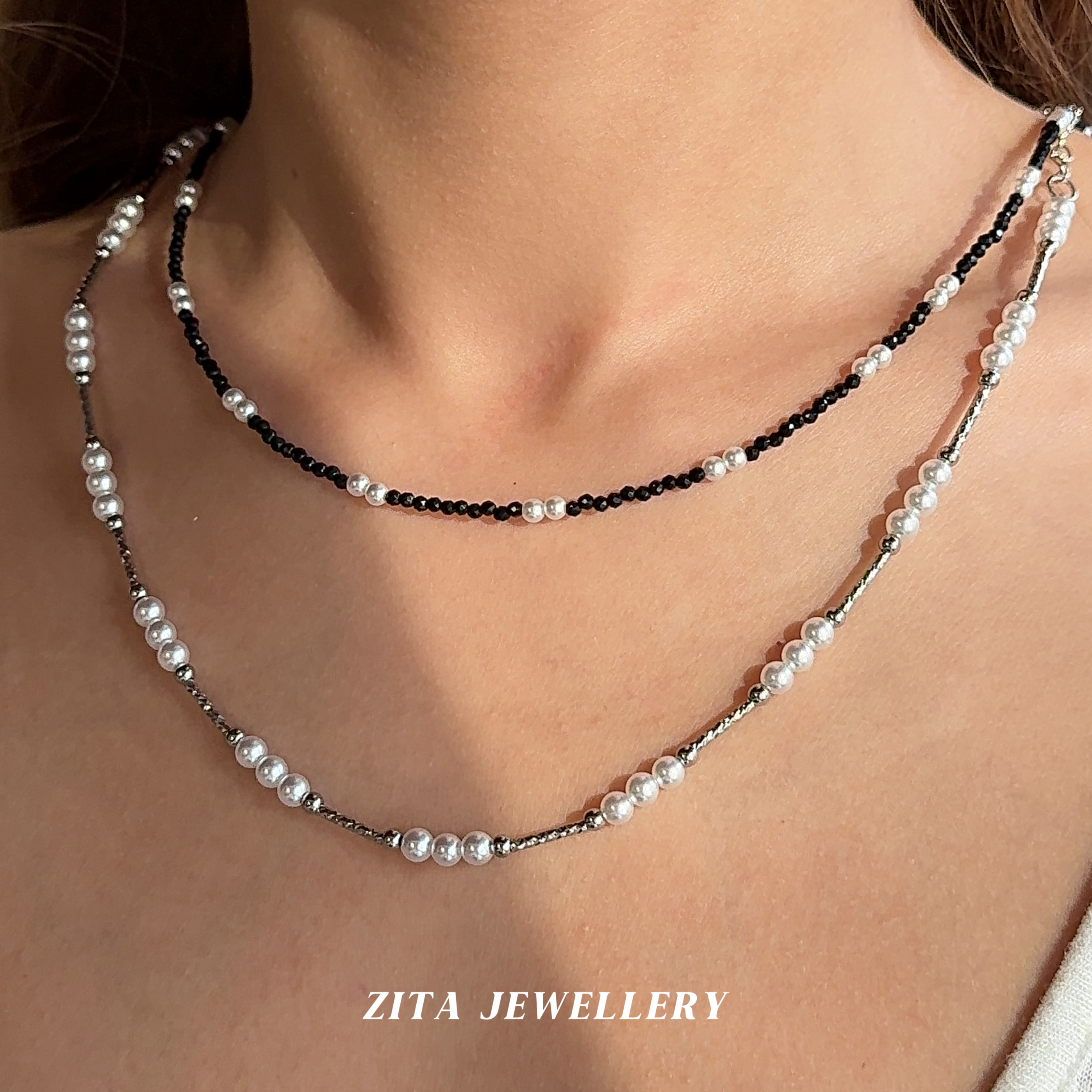 ZZZITA 黑糖威士忌～黑白撞色贝珠项链叠戴小众设计感高级锁骨链