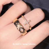 ZZZITA Kiss·焦糖奶咖～闪钻十字架菱格纹ins戒指两件套 Caramel