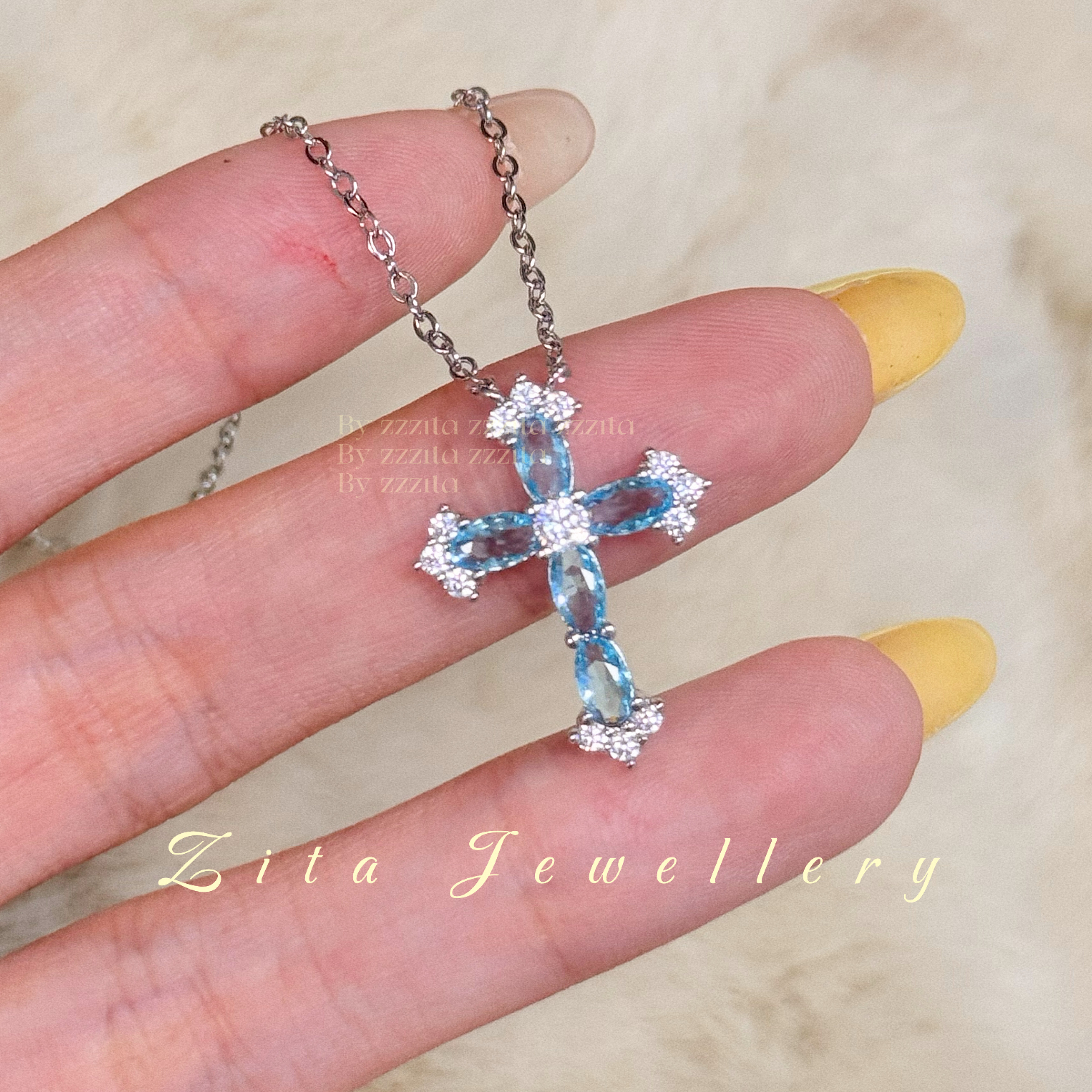 ZZZITA 海洋之星•French Charm～冰透薄荷蓝色ins闪钻十字架项链图片