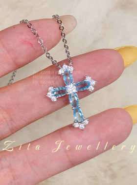 ZZZITA 海洋之星•French Charm～冰透薄荷蓝色ins闪钻十字架项链