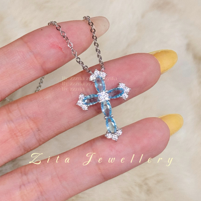 ZZZITA 海洋之星•French Charm～冰透薄荷蓝色ins闪钻十字架项链