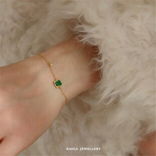 祖母绿方糖手链 女黄.金纯银翡翠绿方单钻手镯轻奢法式复古绿宝石