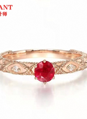 18K金鸽血红宝石戒指 女茜茜公主黄金玫瑰金复古麻花指环纯银钻石