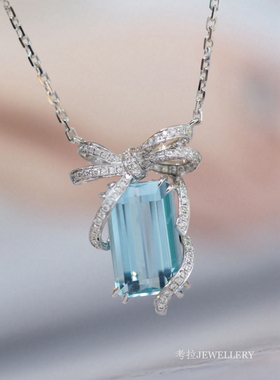 日系海蓝宝蝴蝶结项链女白金丝带蓝色水晶锁骨链纯银钻石高级方形