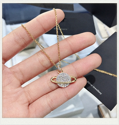 18K黄.金星球项链 女纯银星星锁骨链粉色土星毛衣链韩版时尚气质