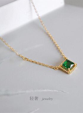 复古方形祖母绿宝石色项链纯银镀黄金色女小众方糖锁骨链沙弗莱潮