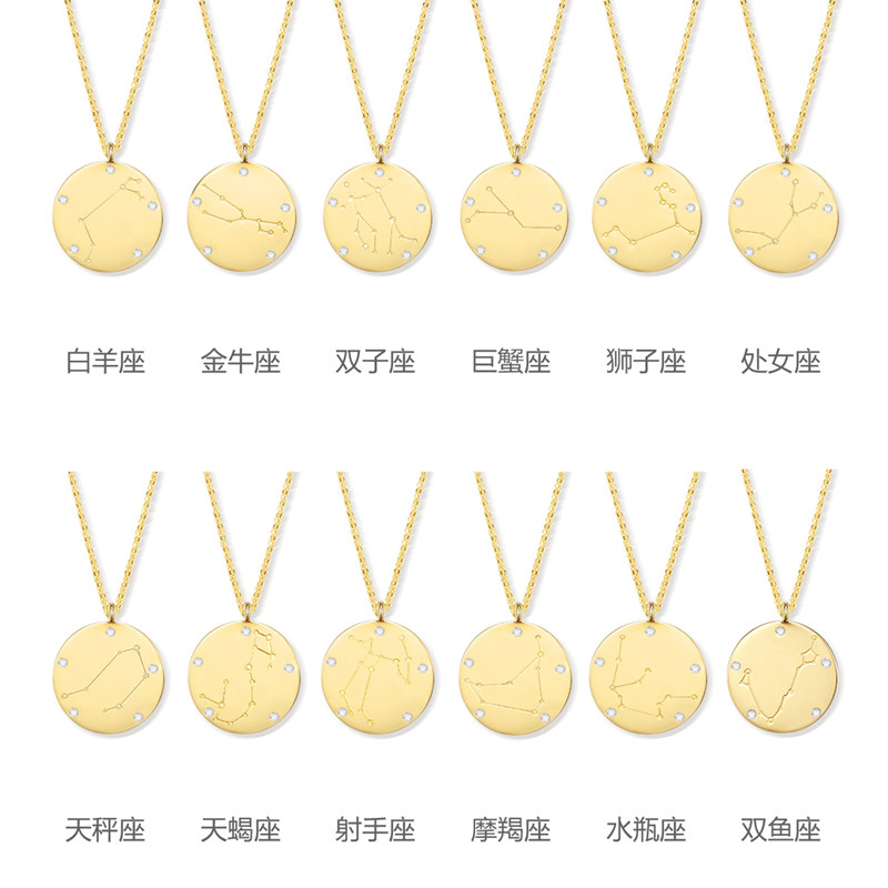 法国十二星座项链 女18K黄金圆牌罗马硬币纯银毛衣链锁骨链冷淡风