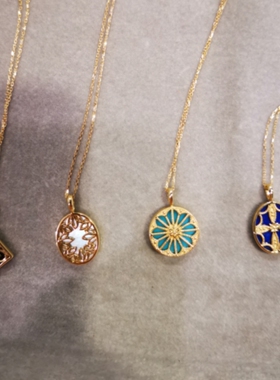日本10K金复古风圆牌项链 女纯银椭圆蓝色青金石锁骨链土耳其石潮