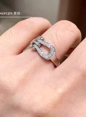 法国马蹄扣戒指 女18K玫瑰金纯银钻石指环高级感个性礼物潮