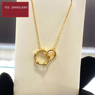 22K金竹节双环项链女黄金竹子纯银圆环锁骨链环环相扣ins个性气质