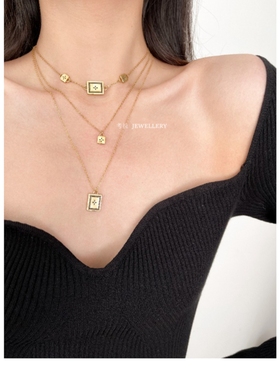 法国 Lovis Vred 24K金黑色方块四叶草项链 女复古纯银方牌锁骨链