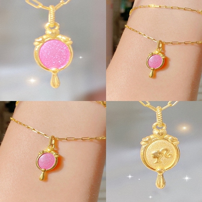18K金芭比镜子项链女胭脂粉少女心公主纯银吊坠锁骨链甜美个性ins