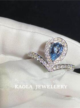 CHAMTUNT约瑟芬水滴海蓝宝戒指女白金纯银蓝宝石指环心形镶钻礼物