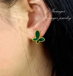 22K金无敌蝴蝶耳钉 女白贝母孔雀石红玉髓纯银耳环个性气质蝴蝶结