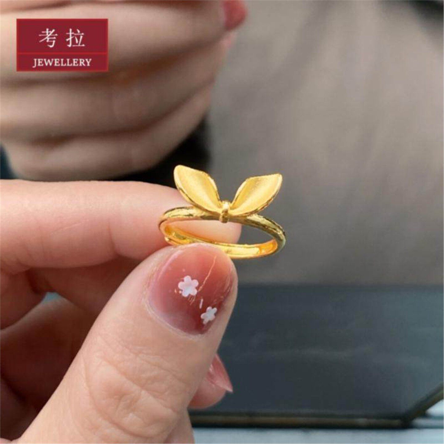 18K金蝴蝶结兔耳朵戒指 女纯银镀黄金色甜美可爱小兔子指环生肖兔