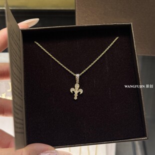 佛罗伦萨18K金鸢尾花满钻项链 女中古纯银十字架高级感情人节礼物