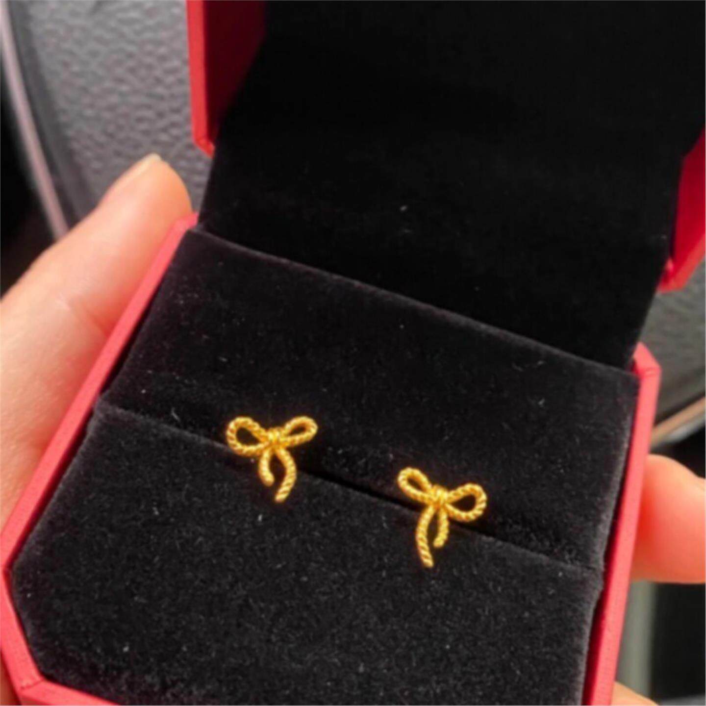 调太幅蝴蝶结耳钉 女纯银镀18K黄金扭纹扭线蝴蝶耳环耳饰气质简约