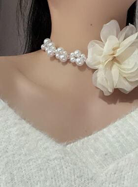 甜美优雅高级感雪纺花朵珍珠项链小清新度假风串珠锁骨链颈饰女