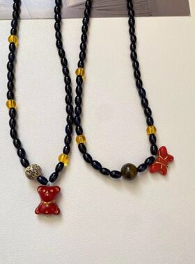 复古少女感红色蝴蝶结串珠项链小清新简约百搭高级感蝴蝶锁骨链女