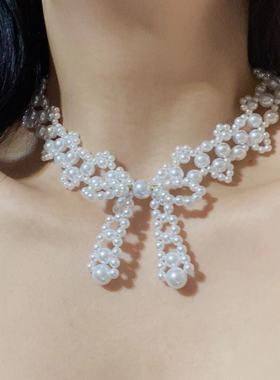 甜美小香风手工珍珠串珠蝴蝶结项链时尚名媛气质高级小众锁骨链女