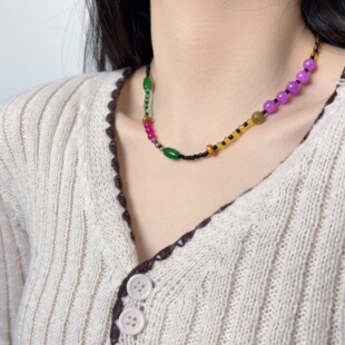 复古新中式彩色水晶珍珠串珠项链甜美气质小清新小众设计锁骨链女