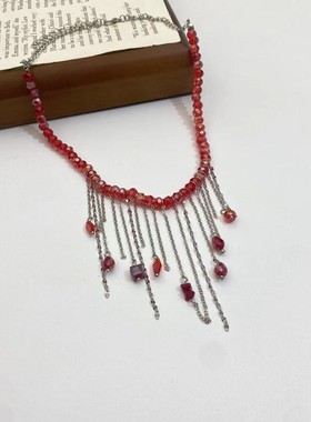 时尚轻奢红色水晶流苏拼接项链精致ins冷淡风潮流设计感锁骨链女