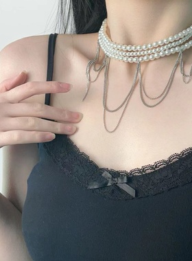 法式复古多层珍珠链条流苏项链轻奢时尚优雅百搭锁骨链气质饰品女