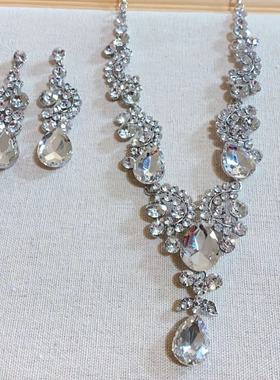 复古超闪水钻水滴流苏项链耳环套装欧美时尚优雅冷淡风小众配饰品