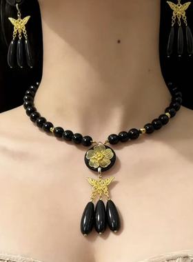 复古花朵蝴蝶水滴流苏黑色串珠项链耳环暗黑系欧美时尚高级感饰品
