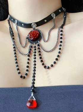 甜酷辣妹红色玫瑰花流苏项圈颈链女chocke个性滴血水滴吊坠项链潮