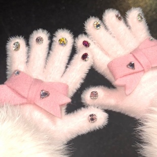 蝴蝶结芭比公主手套仿貂毛冬季 防寒防冻户外骑车骑行学生少女保暖