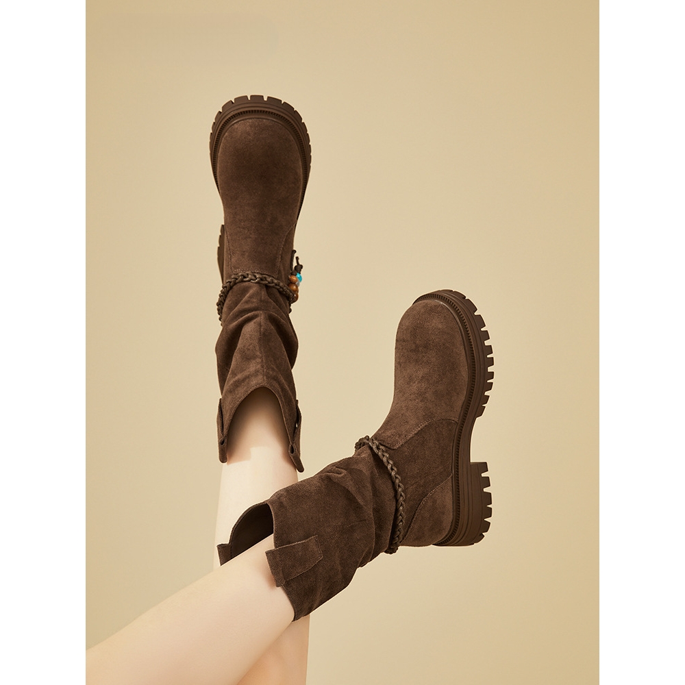 中筒靴女款2025新款冬季加绒靴子爆款西部牛仔堆堆靴马丁靴